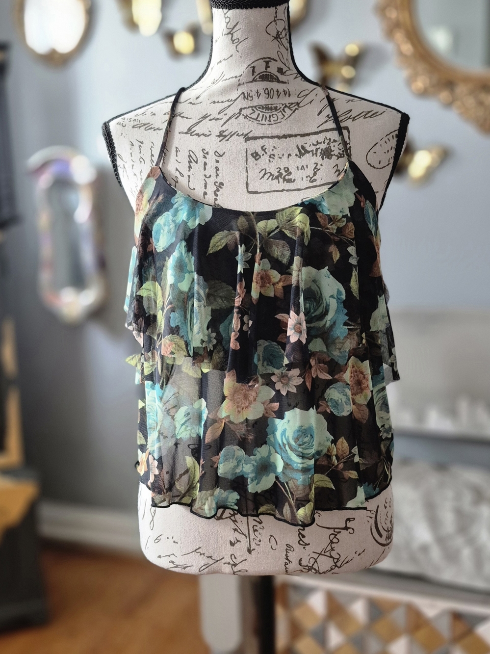 Black and Teal Floral Romantic Layered Chiffon Cami Top Large